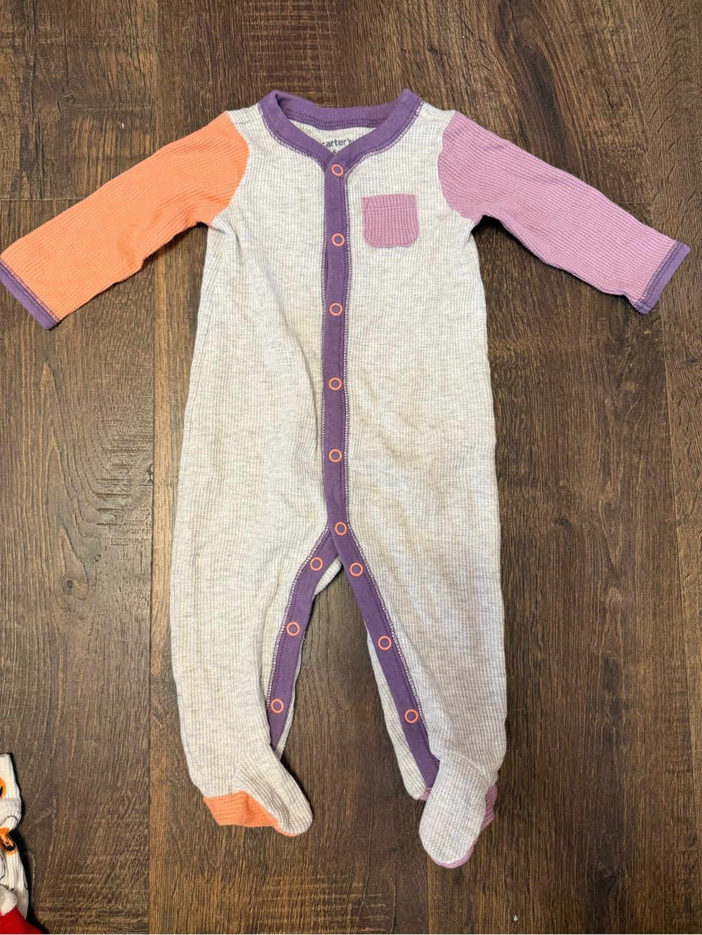 Carter's Neutral Waffle Knit Footed One-Piece with Purple Trim and Orange Sleeve